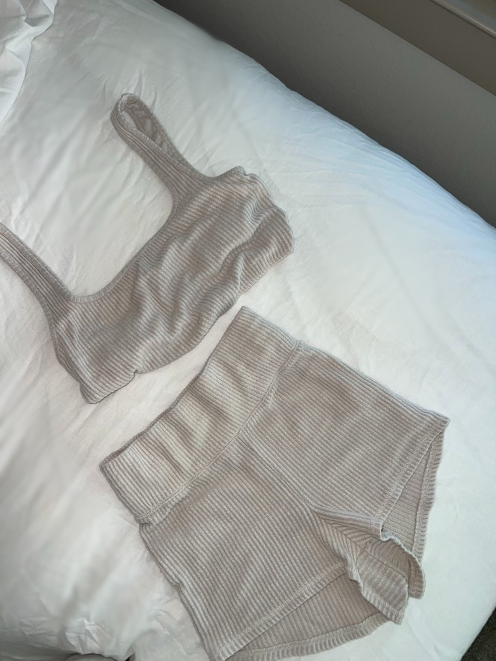 Abercrombie & Fitch Ribbed Tank and High-Waist Shorts Set in Light Taupe